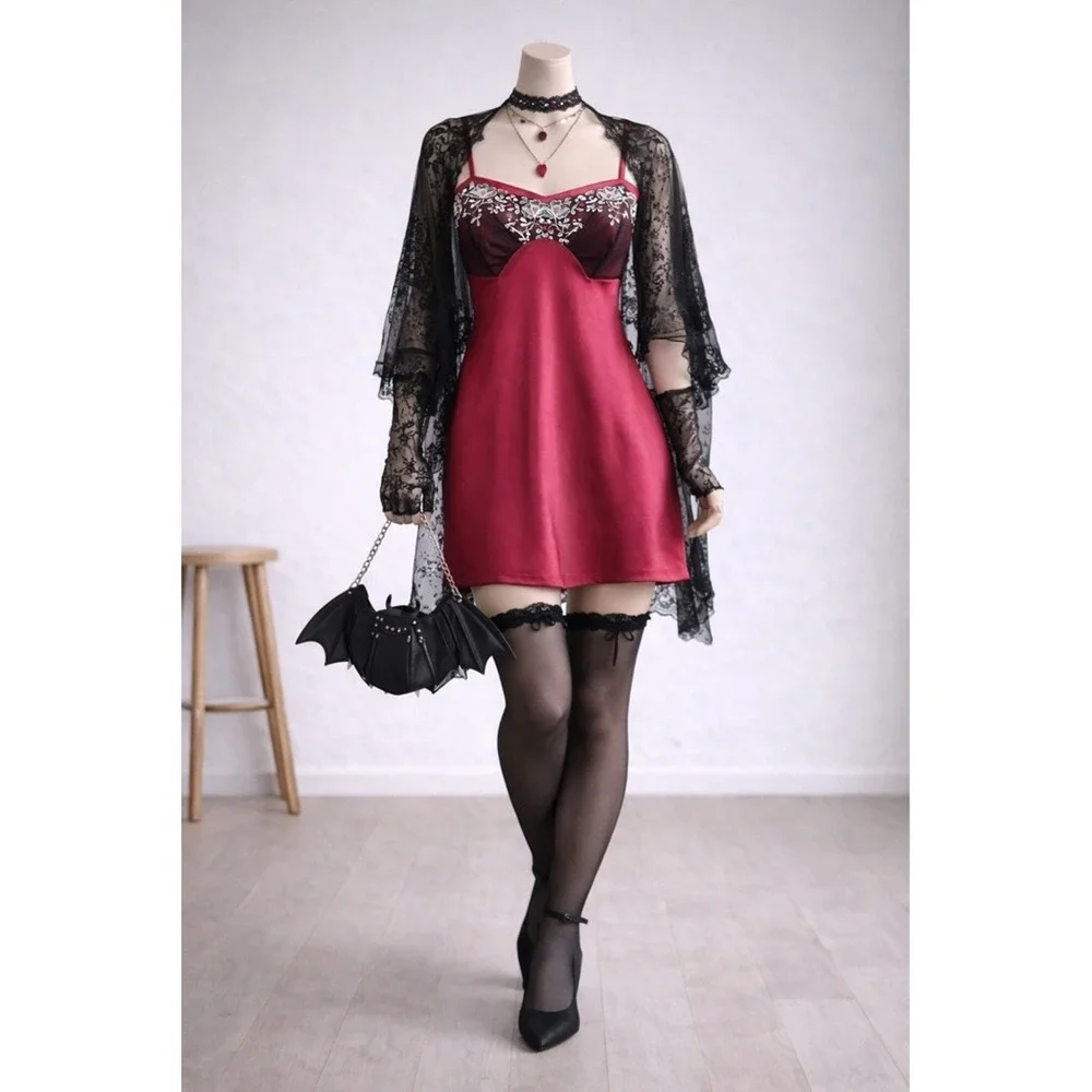 Pink Satin Embroidered Lace Mini Slip Dress Coquette‎ Romantic Lingerie Boudoir